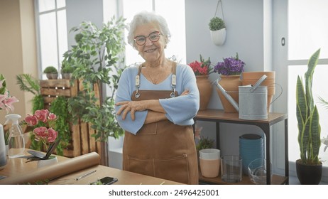 Smiling senior woman with crossed arms wearing apron in a flower shop full of plants and gardening tools. - Powered by Shutterstock