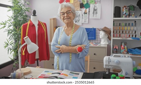 Smiling senior woman with crossed arms wearing glasses and measuring tape in a tailor shop surrounded by colorful threads, fabric swatches, and mannequin. - Powered by Shutterstock