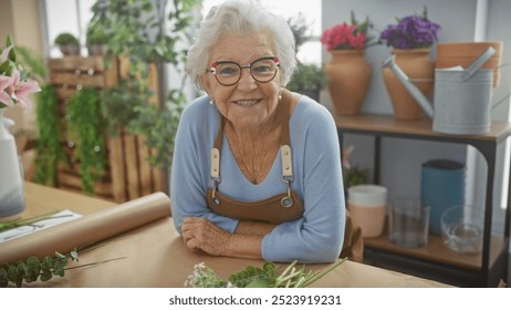 Smiling senior woman with glasses standing in a vibrant flower shop surrounded by plants and pottery. - Powered by Shutterstock