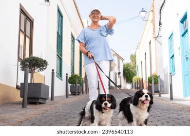 Smiling senior woman with hat walking in the street with her two cavalier king Charles spaniel dogs. Attractive mature lady outdoors with her best animal friends - Powered by Shutterstock