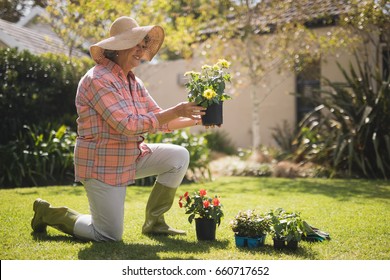 Smiling Senior Woman Holding Plant While Kneeling On Field In Yard