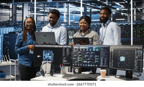 Smiling server hub engineers collaborating, using AI algorithms and node tree systems to categorize unstructured data. Colleagues use visual programming and natural language processing tools, camera A - Powered by Shutterstock - Get 15% off with code: PIKWIZARD15