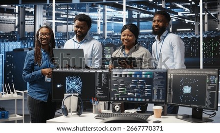 Smiling server hub engineers collaborating, using AI algorithms and node tree systems to categorize unstructured data. Colleagues use visual programming and natural language processing tools, camera A