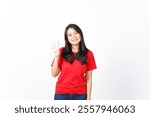 Smiling and showing counting finger, Four Finger Of Beautiful Asian Woman wearing red Isolated On White Background 