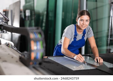 Smiling skilled young female worker carefully cutting sheet of glass on table using manual glass cutter in industrial factory setting.. - Powered by Shutterstock