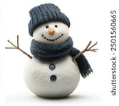 a smiling snowman suitable for children, with sticks for arms, wearing navy colored scarf and hat, button decoration down the centre front, isolated white background 