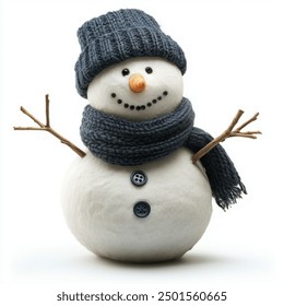 a smiling snowman suitable for children, with sticks for arms, wearing navy colored scarf and hat, button decoration down the centre front, isolated white background  - Powered by Shutterstock