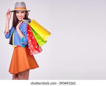 Smiling Spring Woman With Shopping Bags