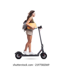 Smiling student with backpack riding an eco-friendly electric scooter, isolated on white background - Powered by Shutterstock