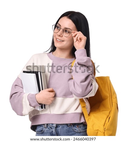 Smiling student with notebooks and backpack on white background