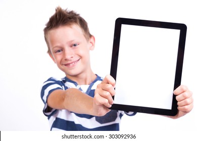 Smiling Student With A Tablet In His Hand Screen To The Client On A White Background Shows The Application Photo With Depth Of Field