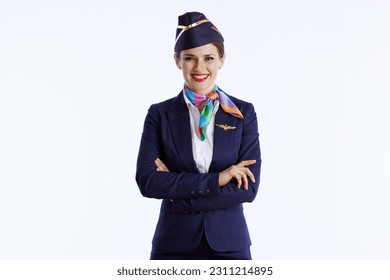 smiling stylish female air hostess isolated on white background in uniform. - Shutterstock ID 2311214895