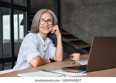Smiling stylish mature middle aged woman sits at desk with laptop, portrait. Happy older senior businesswoman, 60s grey-haired lady wearing glasses looking at camera sitting at office table. Headshot.