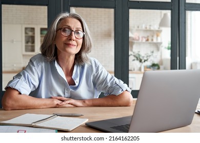 Smiling stylish mature middle aged woman sits at desk with laptop, portrait. Happy older senior businesswoman, 60s grey-haired lady wearing glasses looking at camera sitting at office table. Headshot. - Shutterstock ID 2164162205