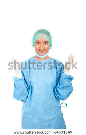 Smiling surgeon woman showing hands in sterile gloves isolated on white background
