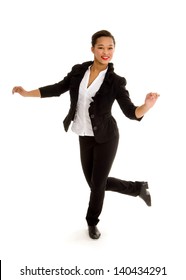 A Smiling Tap Dancing Girl In Black Costume Performs A Dance Routine