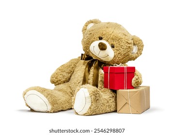 A smiling teddy bear with beautifully wrapped gifts highlighted on a white background - Powered by Shutterstock