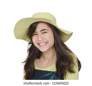 Smiling Teen  Biracial Girl In Green Dress And Lime Green Hat