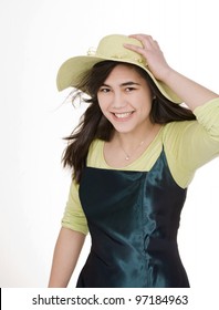 Smiling Teen  Biracial Girl In Green Dress And Lime Green Hat