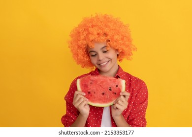 Smiling Teen Girl In Fancy Orange Hair Wig Hold Fresh Ripe Watermelon Fruit Slice, Joy