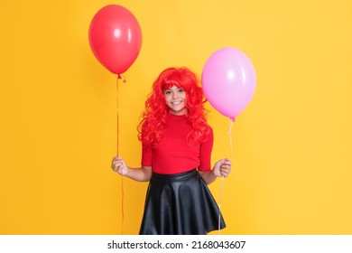 Smiling Teen Kid With Party Balloon On Yellow Background