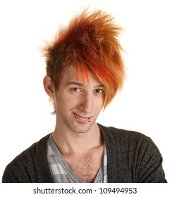 Smiling Teen Punk With Orange Mohawk Over White