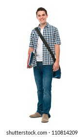 Smiling Teenager With A Schoolbag Standing On White Background