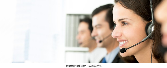 Smiling Telemarketing Customer Service Agents, Call Center Job Concept, Web Banner With Copy Space