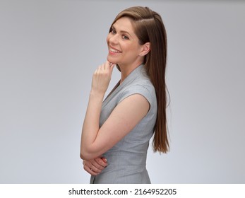 Smiling Thinking Business Woman Looking Away And Touching Her Chin, Profile View Isolated Portrait.