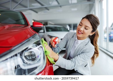 Smiling Tidy Female Car Seller Rubbing Car With Detergent And Cloth. Everything Must Be Shinny And Clean.