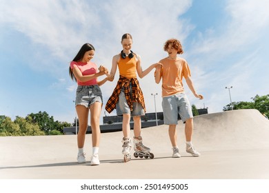 Smiling two teenagers helping girl learning to roller skate at skate park in the city. Summer time concept