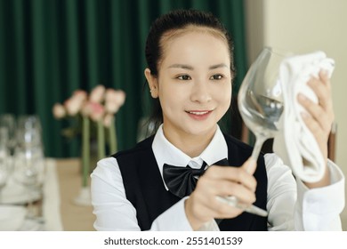 Smiling Waitress Polishing Wine Glass at Restaurant - Powered by Shutterstock