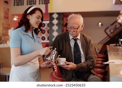 Smiling waitress serving coffee to elderly man seated at retro diner counter. Interaction between young waitress and elderly customer creating warm, nostalgic atmosphere - Powered by Shutterstock