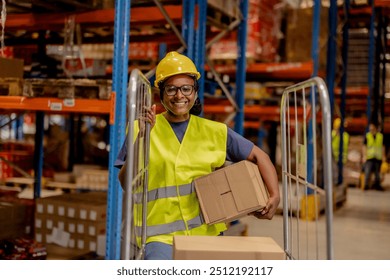 A smiling warehouse worker in safety gear carrying boxes and using a trolley to transport items in a warehouse. - Powered by Shutterstock