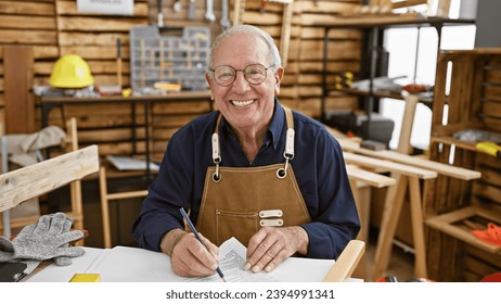 Smiling white-haired senior man, a professional carpenter, confidently taking notes at carpentry table in a workshop, timber flying, surrounded by tools, woodwork projects and furniture elements. - Powered by Shutterstock