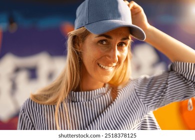 smiling woman adjusts her NY baseball cap, standing in soft sunlight with a striped shirt and long blonde hair. She is outdoors against a vibrant, graffiti-style background. - Powered by Shutterstock