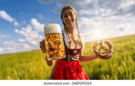 Smiling woman in Bavarian tracht offering beer and pretzel in a sunny  wheat field celebrating Oktoberfest festival in munich. - Powered by Shutterstock