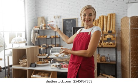 Smiling woman with blonde hair and red apron in a bakery shop standing indoors surrounded by shelves of bread and pastries - Powered by Shutterstock