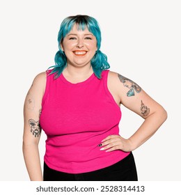 Smiling woman with blue hair, tattoos, and a pink tank top fashion. Blue hair and tattoos stand out. Woman with blue hair and tattoos in a pink tank top, smiling confidently. Casual fashion. - Powered by Shutterstock