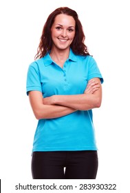 Smiling Woman In Blue Polo Shirt With Arms Crossed, On A White Background