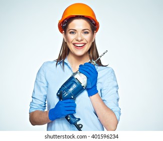 Smiling Woman Builder Worker With Drill Isolated Portrait On White.