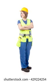 Smiling Woman Builder In Yellow Helmet And Reflective Vest Isolated On White Background