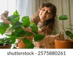 Smiling woman caring for her houseplants, examining the vibrant leaves of an epipremnum aureum, commonly known as golden pothos or devil