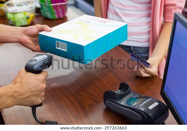 Smiling Woman Cash Register Paying Credit Stock Photo (Edit Now) 297263663