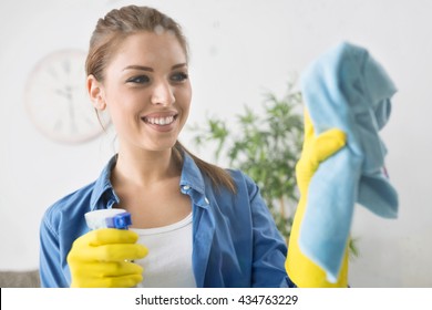 Smiling Woman Clean The Window With Rag