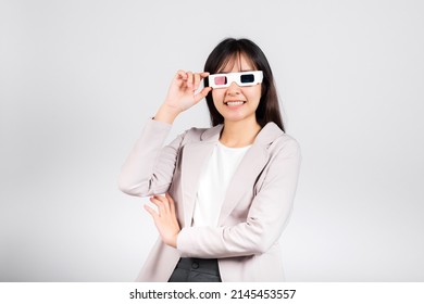 Smiling Woman Confidence Wearing 3d Cinema Movie Glasses Red And Blue Isolated White Background, Asian Happy Portrait Beautiful Young Female In Television Film Studio Shot, Copy Space