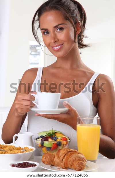 Smiling Woman Dark Brown Hair Tied Stock Photo Edit Now 677124055