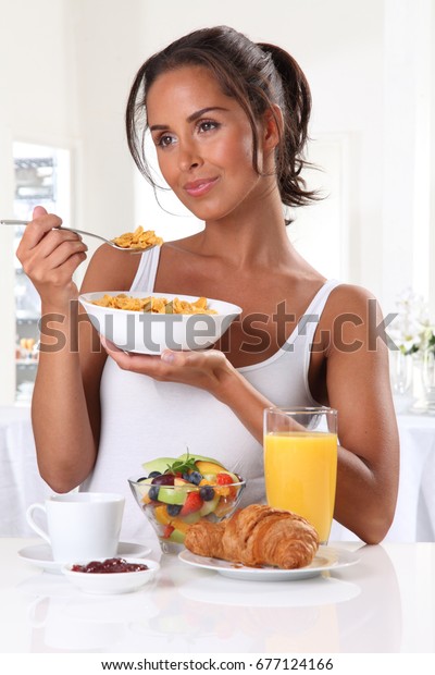 Smiling Woman Dark Brown Hair Tied Stock Photo Edit Now 677124166