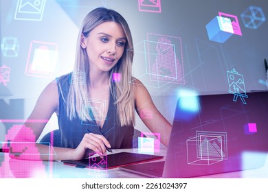 Smiling woman designer creating NFT products, laptop and graphic tablet. Virtual gallery hologram in metaverse. Concept of digital content and cryptoart