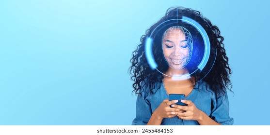 A smiling woman with digital face recognition graphics over her face, holding a phone, on a blue background, depicting cybersecurity concept